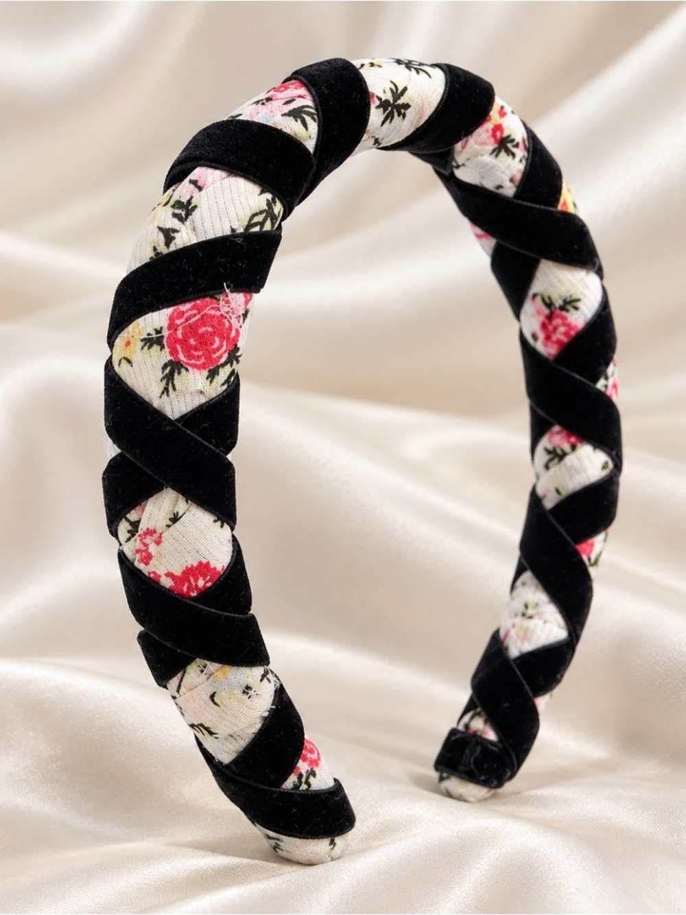 Handmade Floral & Black Velvet Braided Headband 6/23